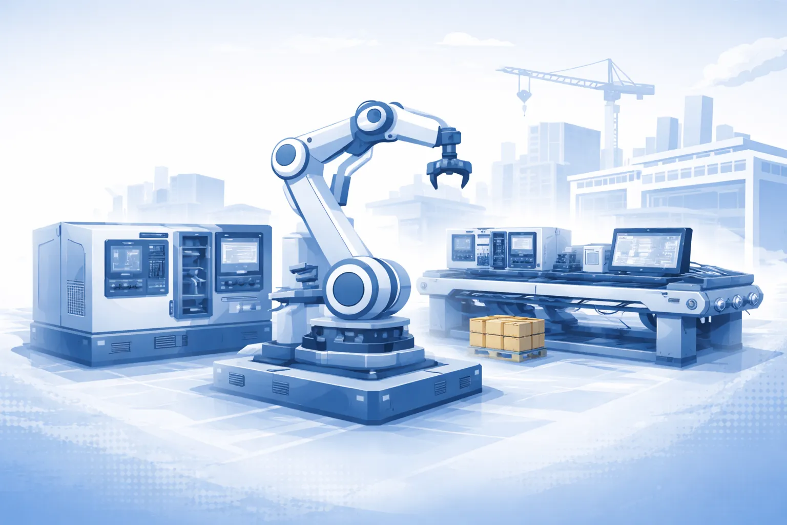 Illustration: Industrieroboter, Maschinen und Fertigungsanlagen vor einer Baustelle